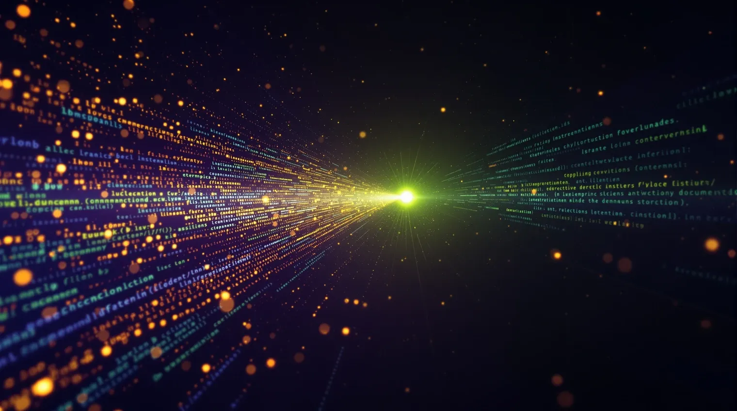 Streams of code glyphs converging through a lime checkpoint and compiling into an ordered text document — the evaluator-optimizer loop grading an investor-update draft against a rubric.