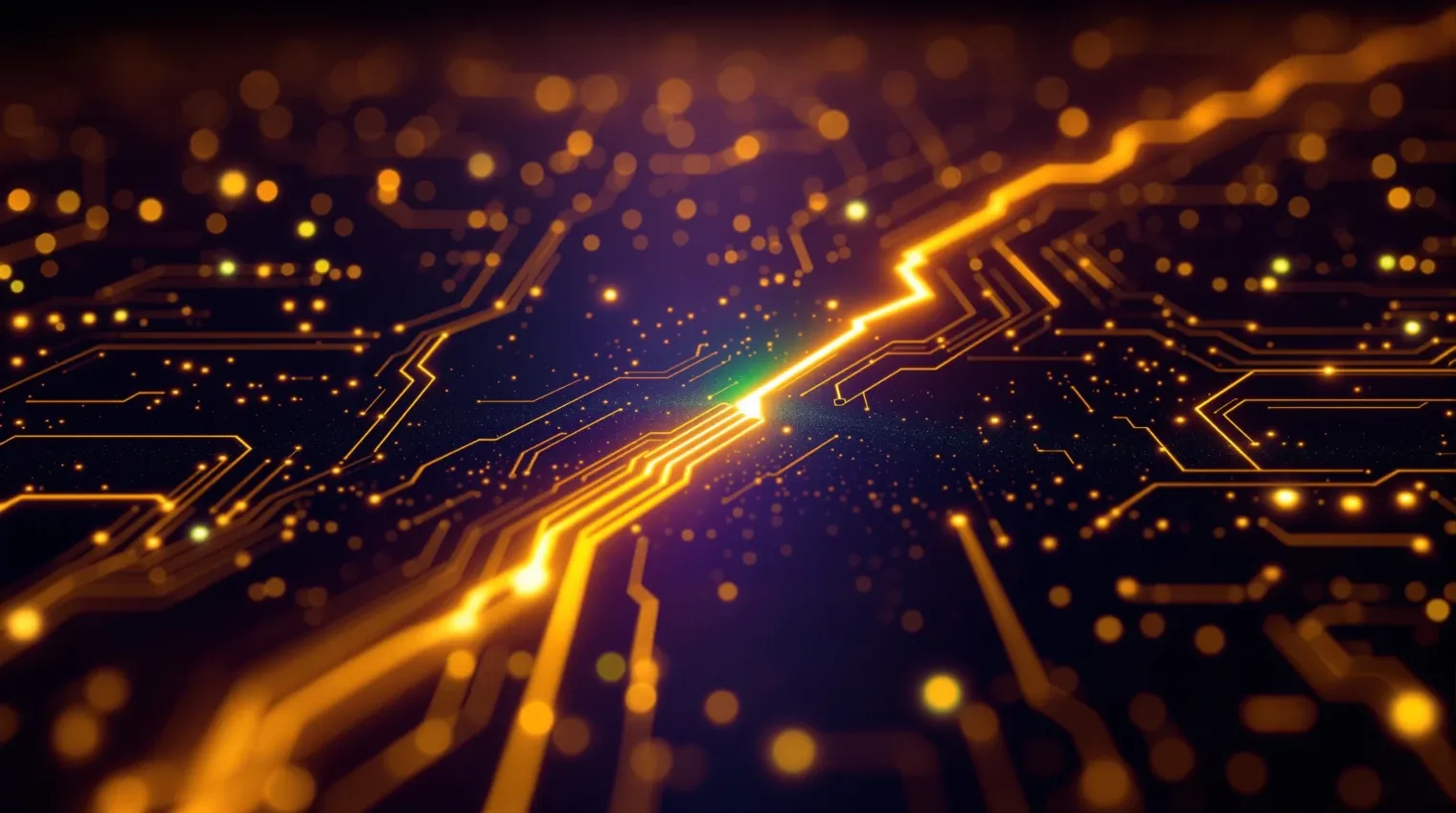 A broken gap in a golden circuit path being re-joined, the repaired junction glowing lime-green — the goal-met loop running until the test goes green.