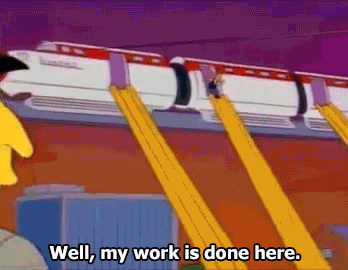 Lyle Lanley, the monorail salesman from The Simpsons, gliding away on a zipline over Springfield above the caption: Well, my work is done here.