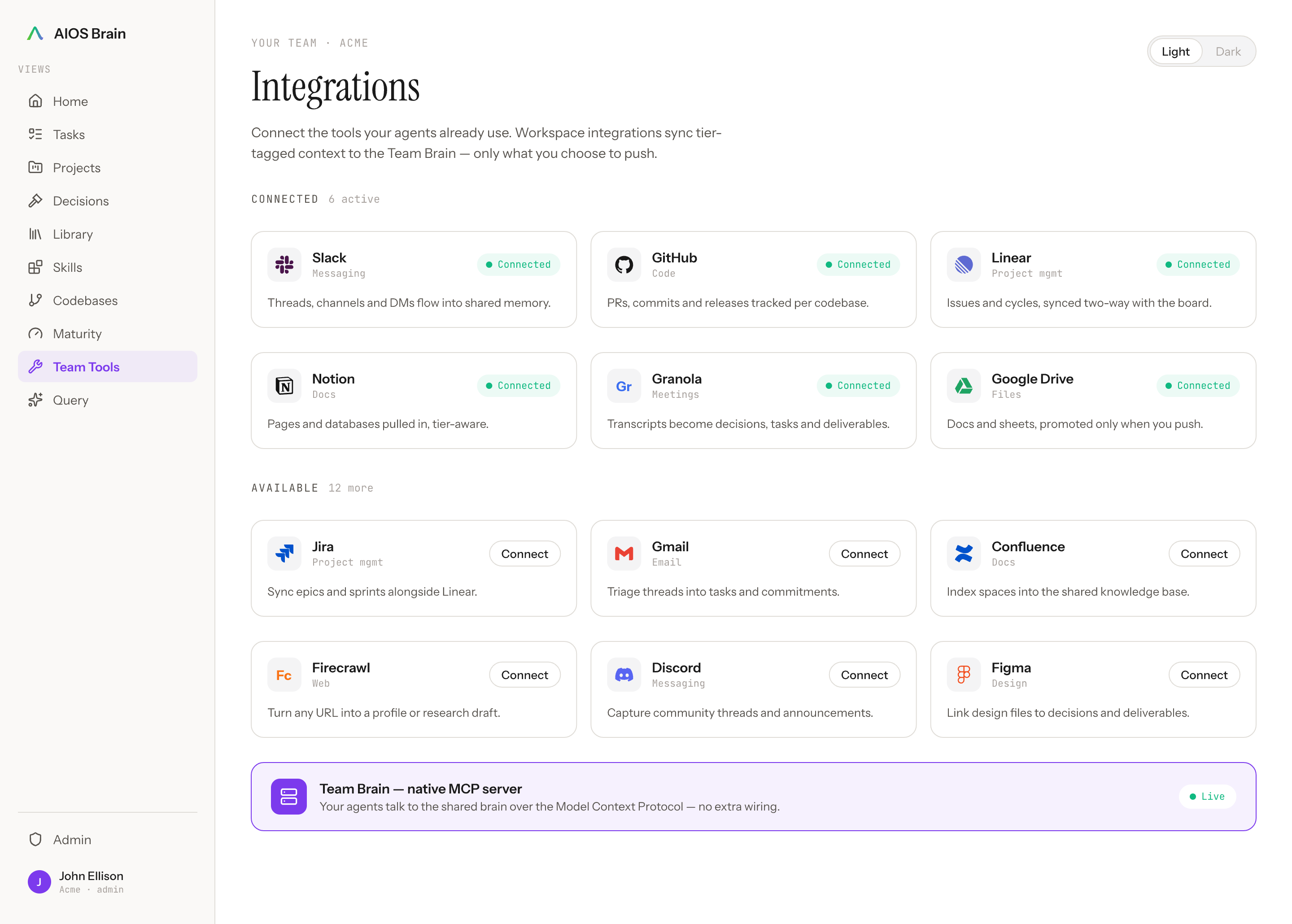 The AIOS workspace integrations page — connected tools like Slack, GitHub, Linear and Notion, with the Team Brain as a native MCP server